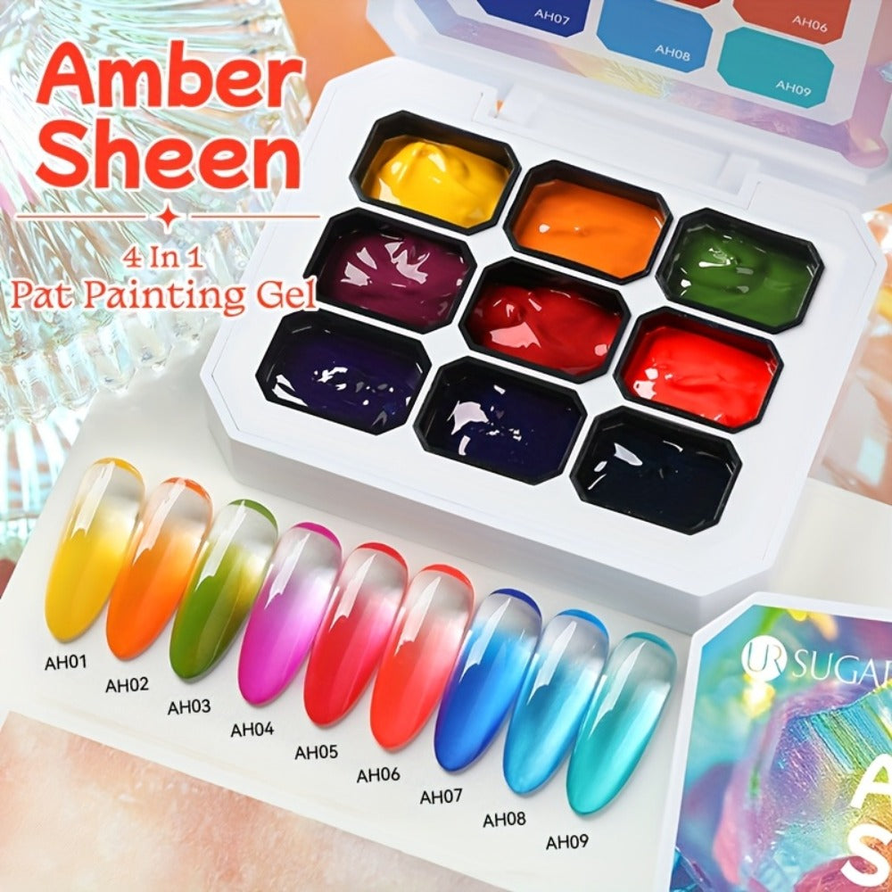 4-in-1 Pat Ombre Gel Nail Polish 9 Colors Gradient Stamping Painting Rub Powder – Solid Varnish for DIY French Manicure & Salon Nail Art, Chrome Glitter Effect for Women by UR SUGAR