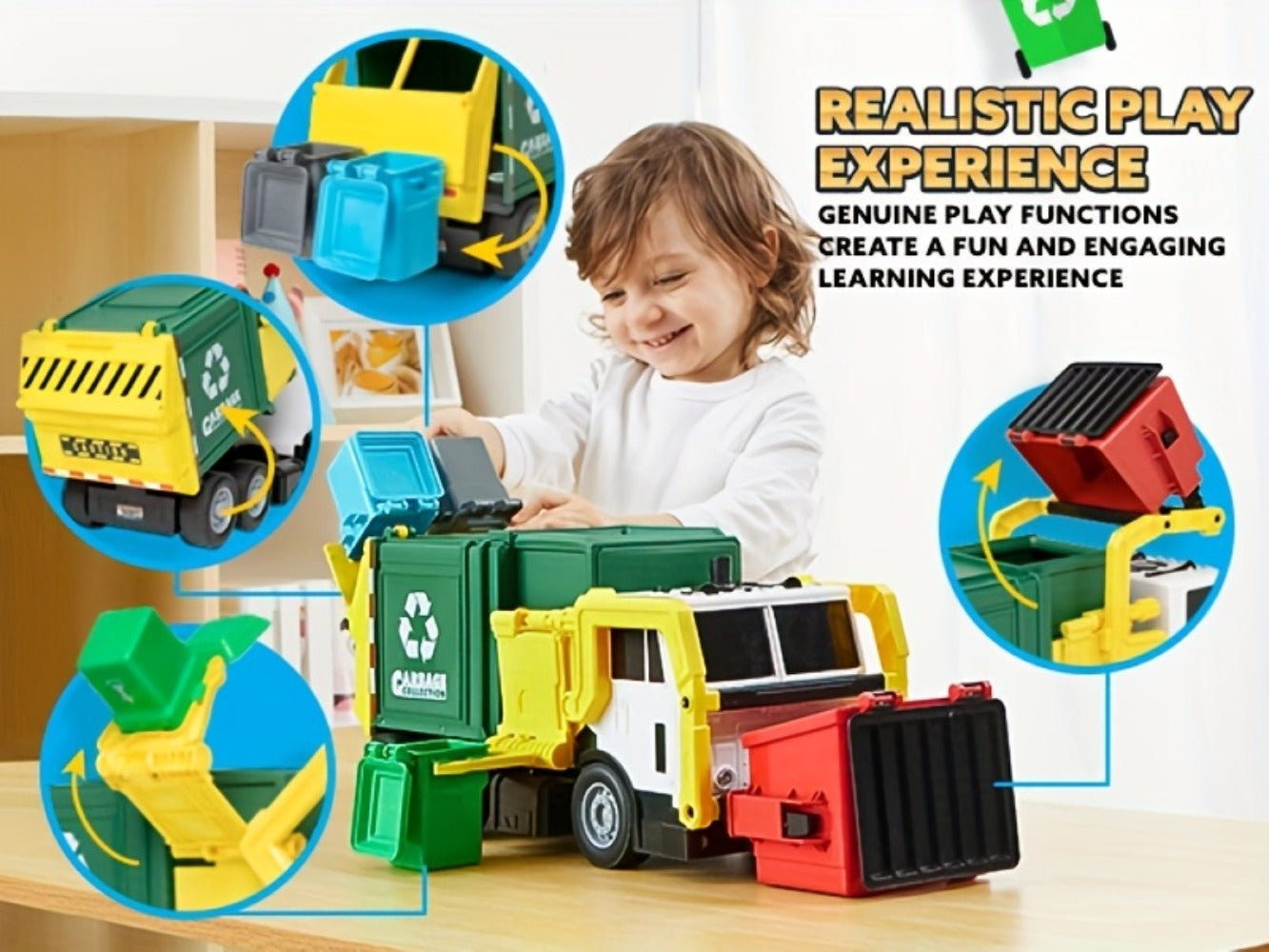 Garbage Truck Toy Set 16-Inch Large Friction-Powered with Lights & Sounds, Color-Coded Trash Bins, Garbage Sorting Learning Cards – Educational Gift for Boys & Girls Ages 3+
