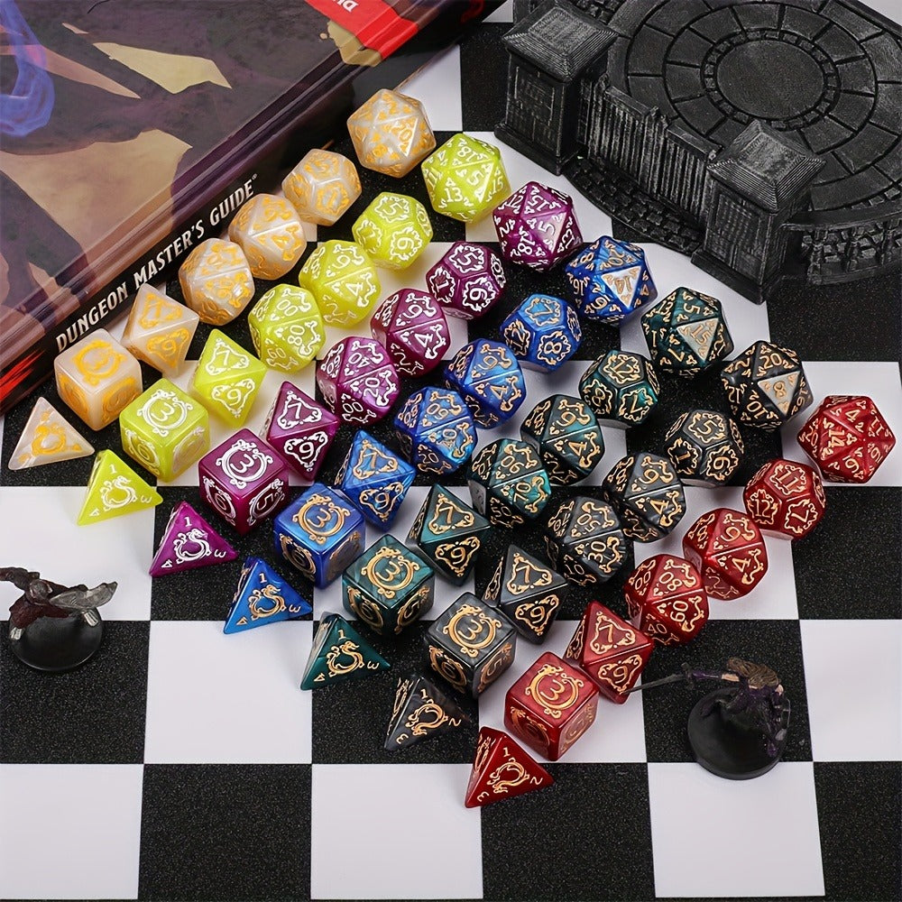 DnD Dice Set 49pcs Dragon Pattern Polyhedral Dice 7 Sets with Pouches – D4 D6 D8 D10 D12 D20 for Dungeons & Dragons RPG MTG Tabletop Games, 7 Colors Acrylic Gamer Gift