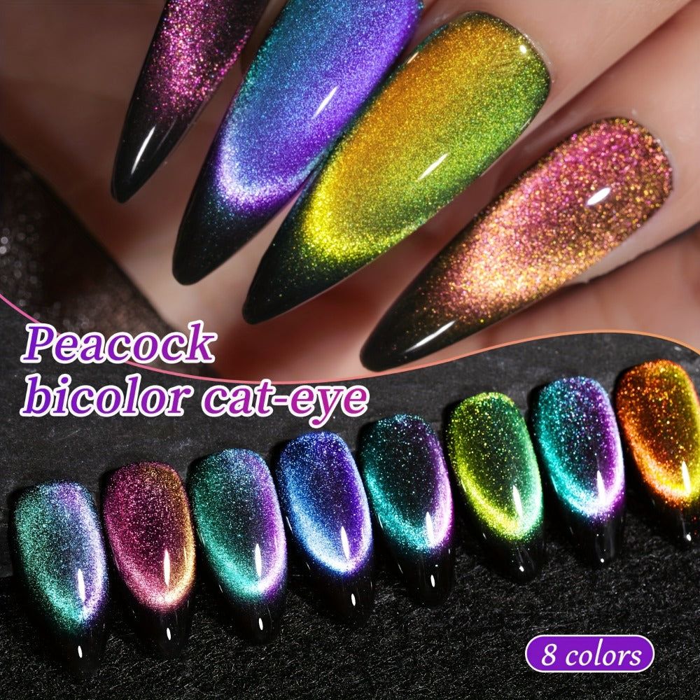 Magnetic Cat Eye Gel Nail Polish Set 8 Colors – Holographic Reflective Peacock Double-Light Effect, LED/UV Soak-Off Gel 0.51oz with Magnet Tool, Salon & Home Nail Art Gift Set for Women