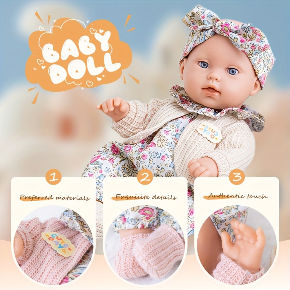 Floral Dress Baby Doll 12 Inch with Rabbit Plush Toy Gift Set – Realistic Vinyl Doll with Floral Outfit, Headscarf, Socks & Bunny Toy, Creative Dress-Up Playset for Girls Ages 3+, Birthday Holiday Gift