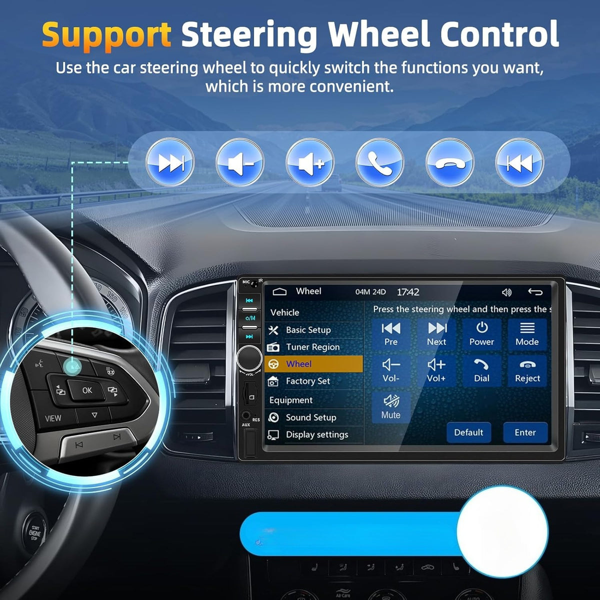 7" Double Din Car Stereo with Bluetooth 5.0, Touchscreen Universal Car Multimedia Player with Wired CarPlay & Android Auto, FM Radio, Rear View Camera Mic Support TF/USB