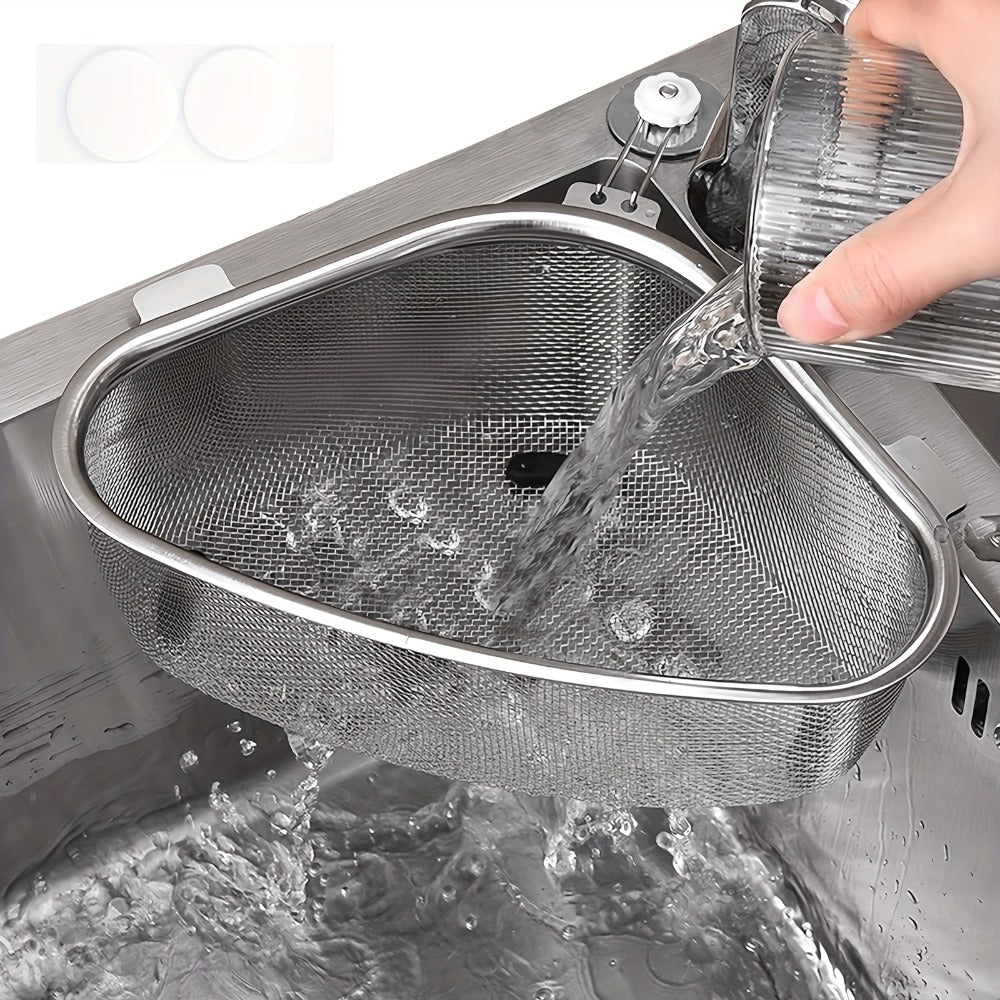 Stainless Steel Sink Strainer Basket 304 Grade Triangular Space-Saving Design – Dual-Use Stand & Hang, Mesh Filter for Food Waste & Clog Prevention, Kitchen & RV Drain Basket 8.6×6.1×3.1 Inch