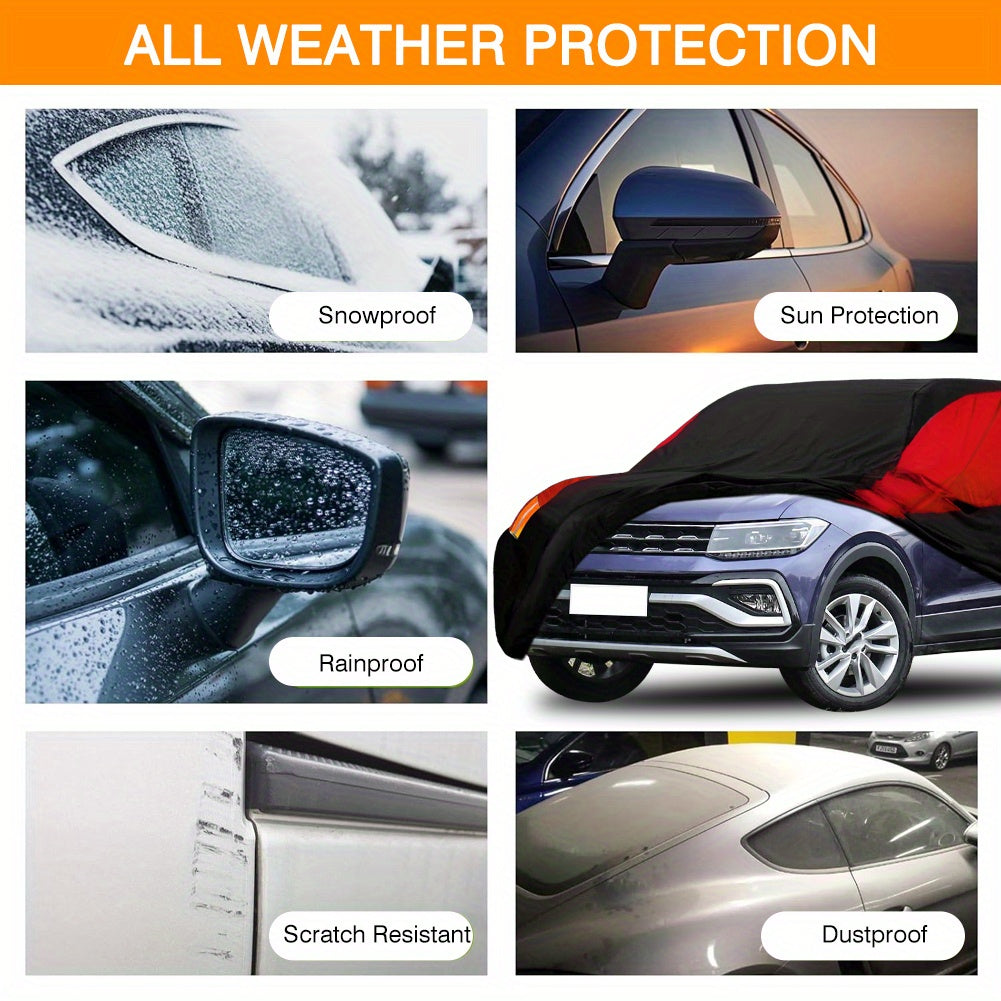 Universal Fit Outdoor Car Cover 170T Polyester Thickened Fabric with Reflective Strips, Full Exterior Sunshade Dustproof Protection for Sedan SUV - Black & Red