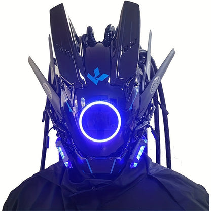 LED Punk Mask with Tubular Braids & Helmet – Futuristic Sci-Fi Mechanical Cosplay Mask for Halloween, Rave Music Festival & Party, Blue Green Pink, Handmade TPU PC Unisex Adult Costume Prop