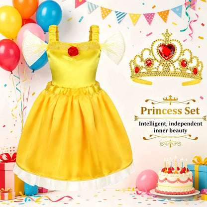 Girls Princess Dress Up Costume Set 14pcs – 5 Role Play Outfits with Crowns, Earrings & Storage Box, Toddler Princess Costumes for Girls Ages 3-6, Birthday Gift