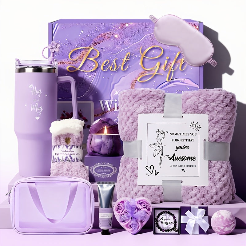 Luxury Spa Gift Set for Women 10-Piece Rose Scented Candles Bath Salt Balls Dried Flowers Eye Mask Soap Blanket Socks Hair Ribbon Gift Card Birthday Christmas Mother's Day Valentine Gift