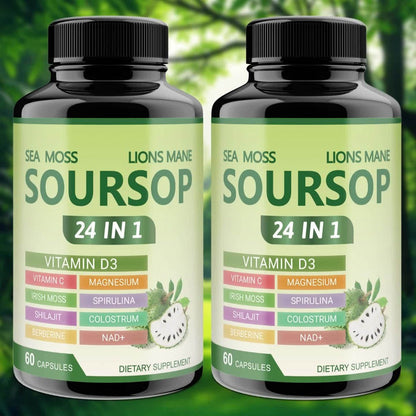Soursop Graviola Capsules 24-in-1 Herbal Blend — Turmeric Spirulina Sea Moss Vitamin D3 Bitter Leaf | Immune Defense Antioxidant Gut Energy Support | 60 Capsules Per Bottle