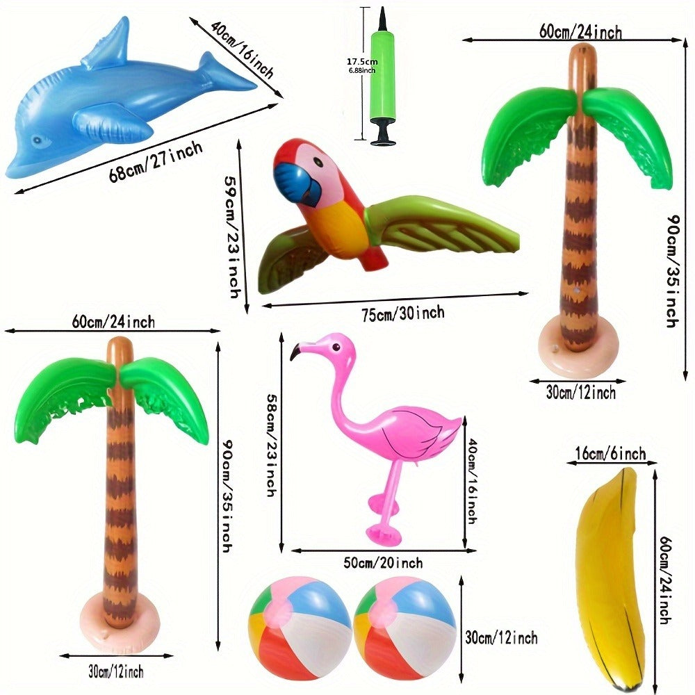 Hawaiian Party Decorations Inflatable Set 9 Pieces - Coconut Trees Beach Balls Flamingo Parrot Dolphin Banana with Pump, Luau Pool Party Supplies for Kids Adults Summer Birthday
