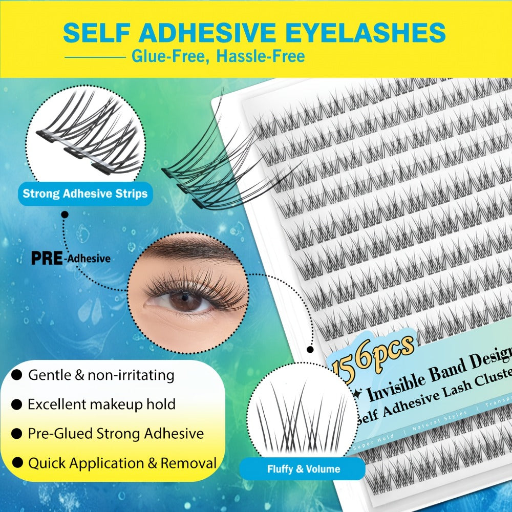 Pre-Glued Wispy Press-On Lash Clusters Kit with 2 Tweezers — Self-Adhesive No Glue Needed, Natural & Thick Fluffy Volume, Reusable Beginner-Friendly Individual Cluster Eyelashes for Daily Wear