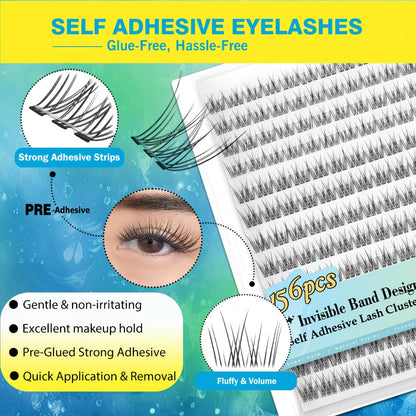 Pre-Glued Wispy Press-On Lash Clusters Kit with 2 Tweezers — Self-Adhesive No Glue Needed, Natural & Thick Fluffy Volume, Reusable Beginner-Friendly Individual Cluster Eyelashes for Daily Wear