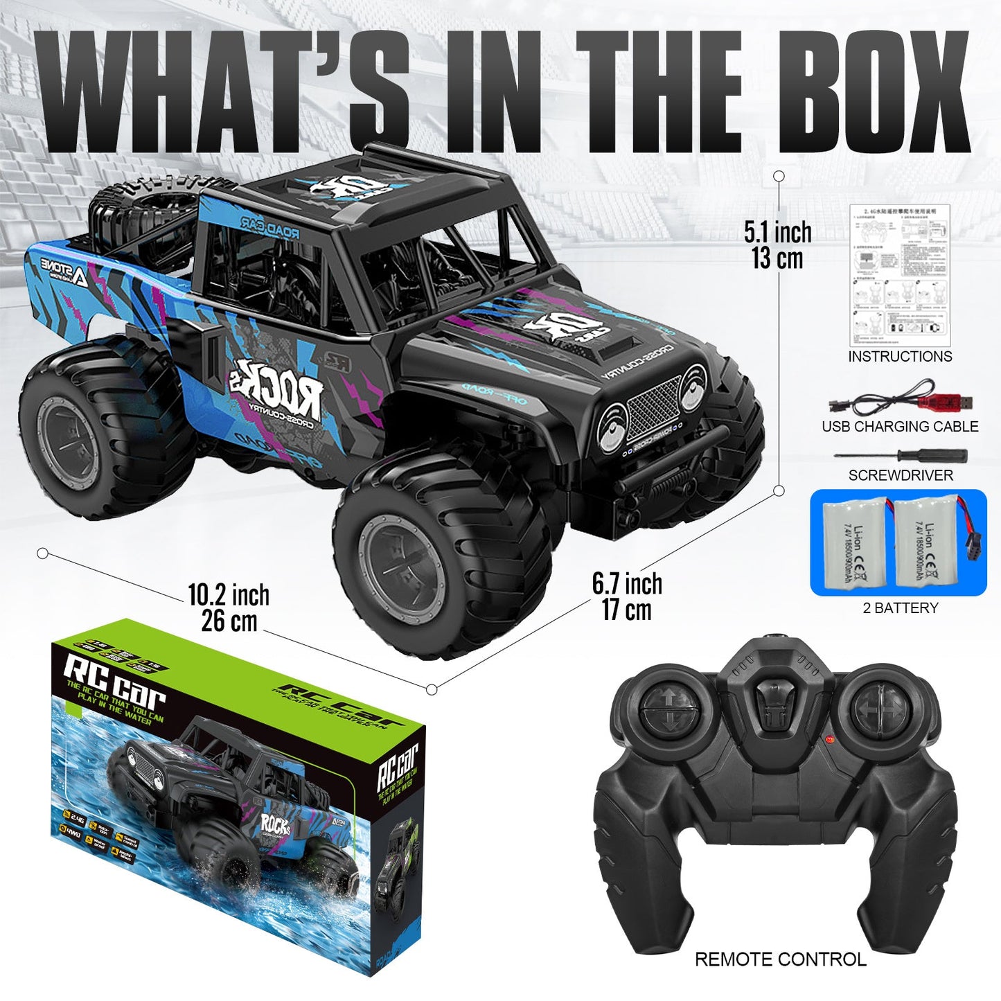 Amphibious RC Car 1:16 Scale 4WD Waterproof Land & Water Remote Control Monster Truck – 2 Rechargeable Batteries, All-Terrain RC Truck for Boys Kids Ages 4+, Birthday Christmas Gift