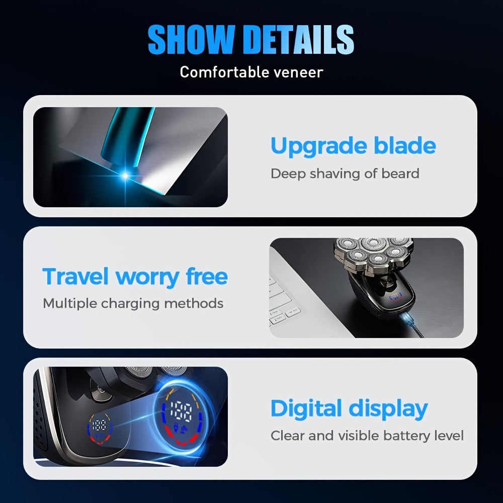 Bald Head Shaver for Men 5-in-1 Electric Razor Wet Dry with 7D 9D Floating Head Detachable Magnetic Blades Cordless Rechargeable Grooming Kit Gift for Dad Father