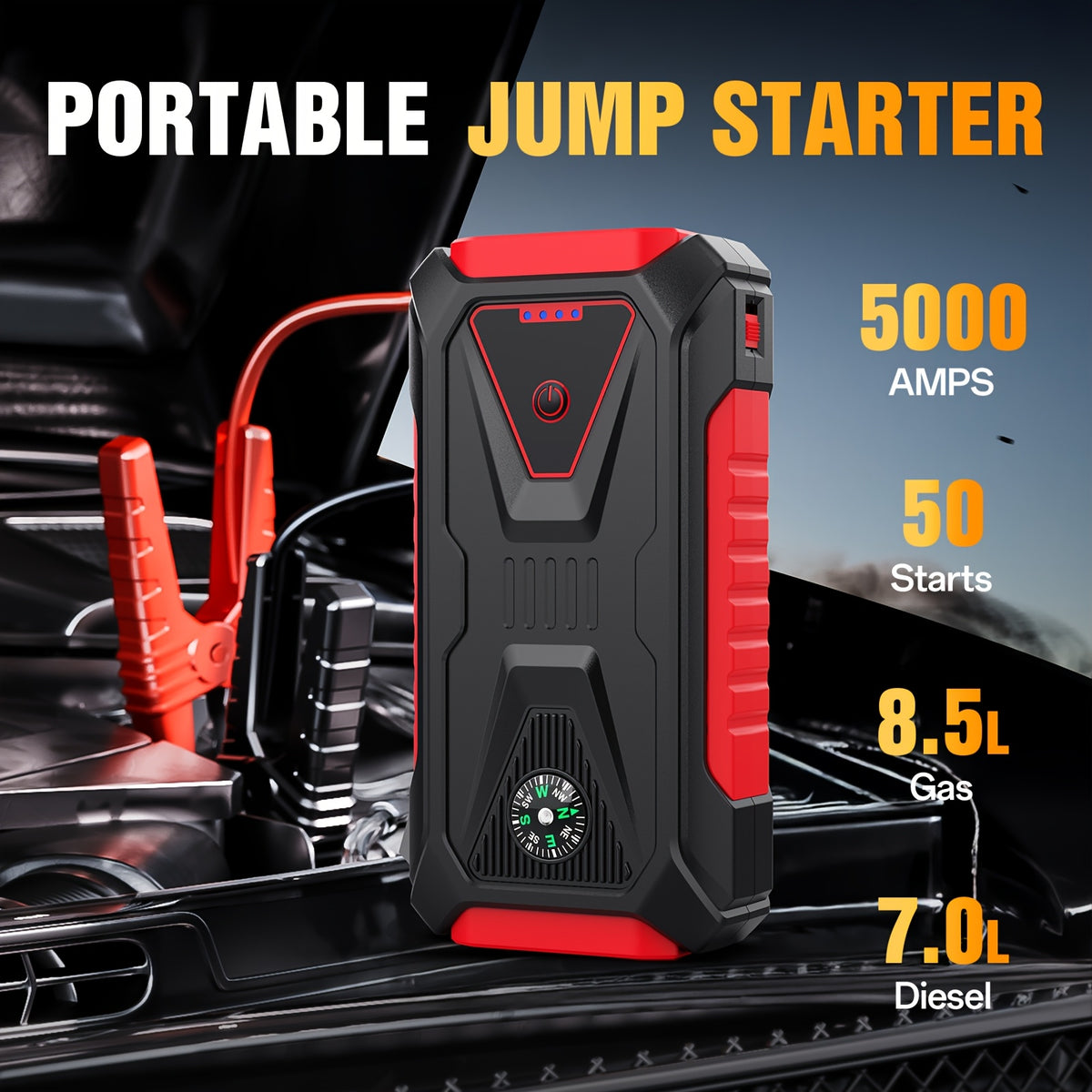 12V Portable Battery Starter | 5000A Peak Jump Starter for 2.64gal Gasoline and 2.11gal Diesel Engines, LED Flashlight, SOS Warning Lights, Emergency Power Supply with Safety Hammer and Compass, USB Dual Use, Rechargeable Lithium Polymer Battery, For RV