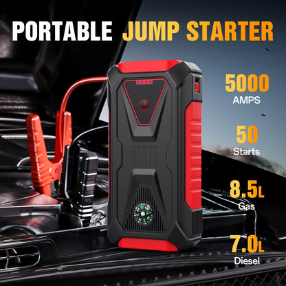 12V Portable Battery Starter | 5000A Peak Jump Starter for 2.64gal Gasoline and 2.11gal Diesel Engines, LED Flashlight, SOS Warning Lights, Emergency Power Supply with Safety Hammer and Compass, USB Dual Use, Rechargeable Lithium Polymer Battery, For RV
