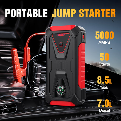 12V Portable Battery Starter | 5000A Peak Jump Starter for 2.64gal Gasoline and 2.11gal Diesel Engines, LED Flashlight, SOS Warning Lights, Emergency Power Supply with Safety Hammer and Compass, USB Dual Use, Rechargeable Lithium Polymer Battery, For RV