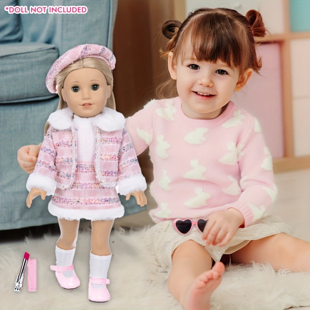 18 Inch Doll Knitted Clothes Outfit Set with Hat Jacket Skirt Shoes Socks Sunglasses Lipstick – Complete Baby Doll Accessories for 16-18 Inch Dolls Playing House Gift for Girls Birthday Christmas