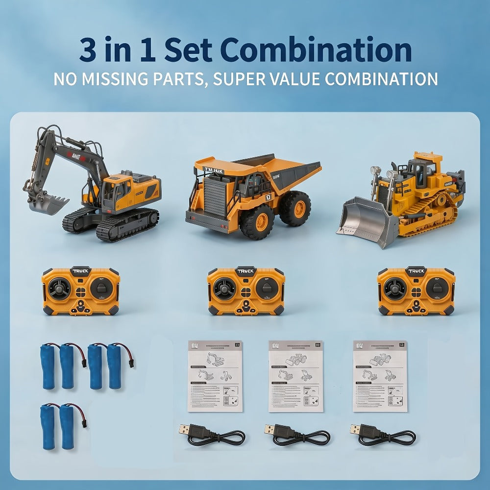 RC Construction Vehicle Set 2.4G 11-Channel Remote Control Excavator Dump Truck Bulldozer | 1:24 & 1:64 Alloy Engineering Toy | 2-in-1, 3-in-1, 4-in-1 Kit for Kids Adults