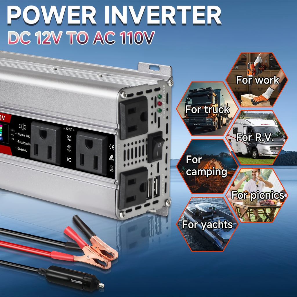 LVYUAN Car Power Inverter 2000W(Peak)1000W 12V to 110V DC to AC with 4 US Sockets, LCD Display, USB Ports for Car, Home, Outdoor, Camping Red