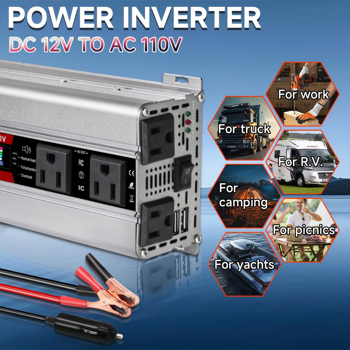 LVYUAN Car Power Inverter 2000W(Peak)1000W 12V to 110V DC to AC with 4 US Sockets, LCD Display, USB Ports for Car, Home, Outdoor, Camping Red