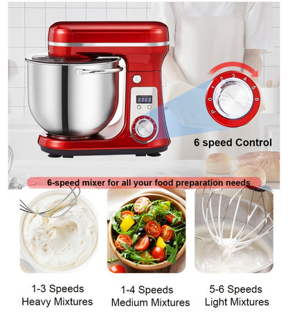 Stand Mixer 1200W 6L Stainless Steel Bowl - Kitchen Food Stand Mixer with Dough Hook, Whisk & Beater, 6-Speed Tilt-Head Electric Mixer for Baking, Kneading, Whipping, Red