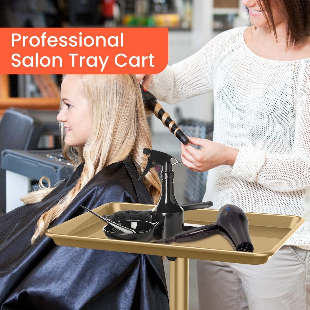 Rolling Salon Tray Cart on Wheels Adjustable Height 17.9x12.8 Inch Mobile Stylist Tray Table for Spa Tattoo Studio Blowdry Bar Aesthetic Clinic Bronze Pink