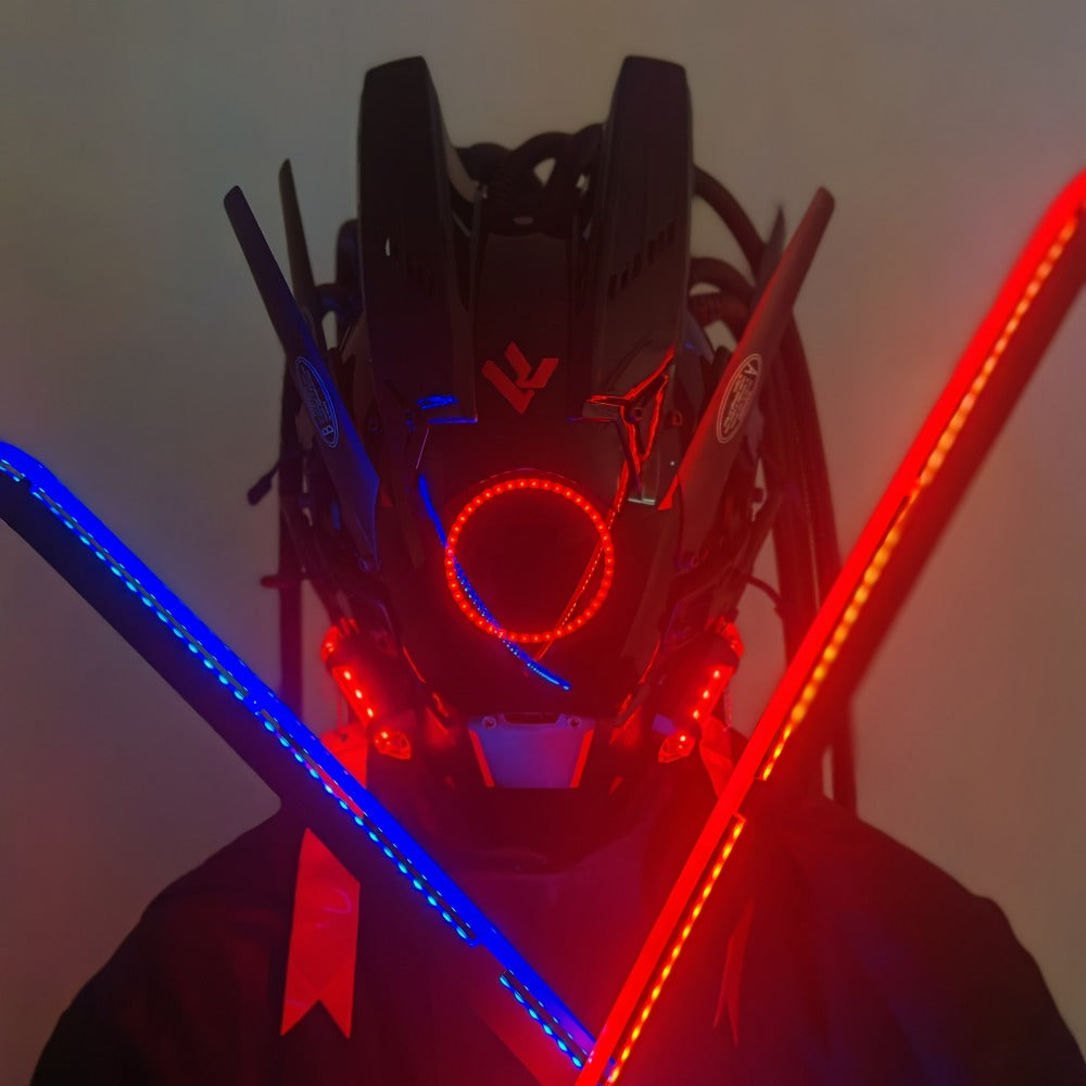 LED Cyberpunk Samurai Mask with Braids – Futuristic Sci-Fi Mechanical Face Mask for Halloween, Cosplay, Music Festival & Rave Party, Blue Green Pink, Free Helmet Included, Adult Gift