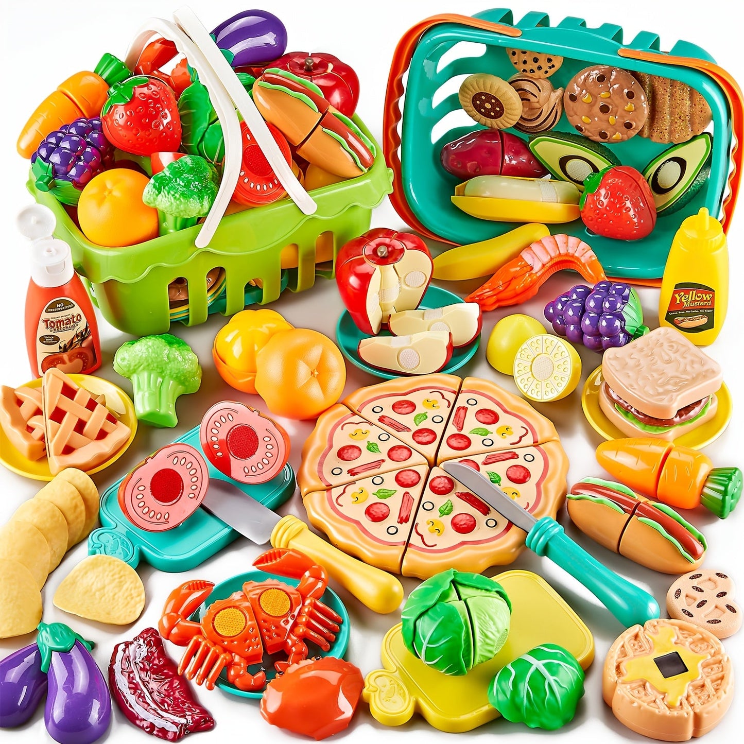 Pretend Play Food Set 85pcs – Cutting Toy Food with 2 Baskets, Pizza Veggies & Fruits | Play Kitchen Accessories for Toddlers, Birthday & Christmas Gift for Boys & Girls Ages 3 4 5 6