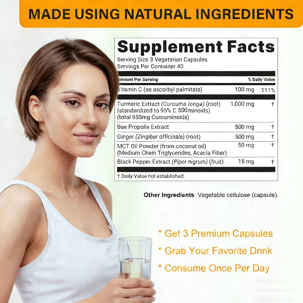 Turmeric Curcumin 1000mg 120 Capsules Triple Action Supplement with Ginger, Black Pepper & Bee Propolis for Heart, Brain & Joint Support, Natural Anti-Inflammatory for Men & Women
