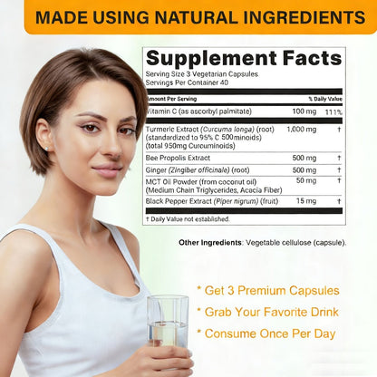 Turmeric Curcumin 1000mg 120 Capsules Triple Action Supplement with Ginger, Black Pepper & Bee Propolis for Heart, Brain & Joint Support, Natural Anti-Inflammatory for Men & Women