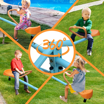 4-Seat Metal Seesaw for Kids Outdoor Backyard Playground – 360 Degree Rotating Teeter Totter with Three-Axle Swivel Design, Sports Field Play Equipment, Assembly Tools Included