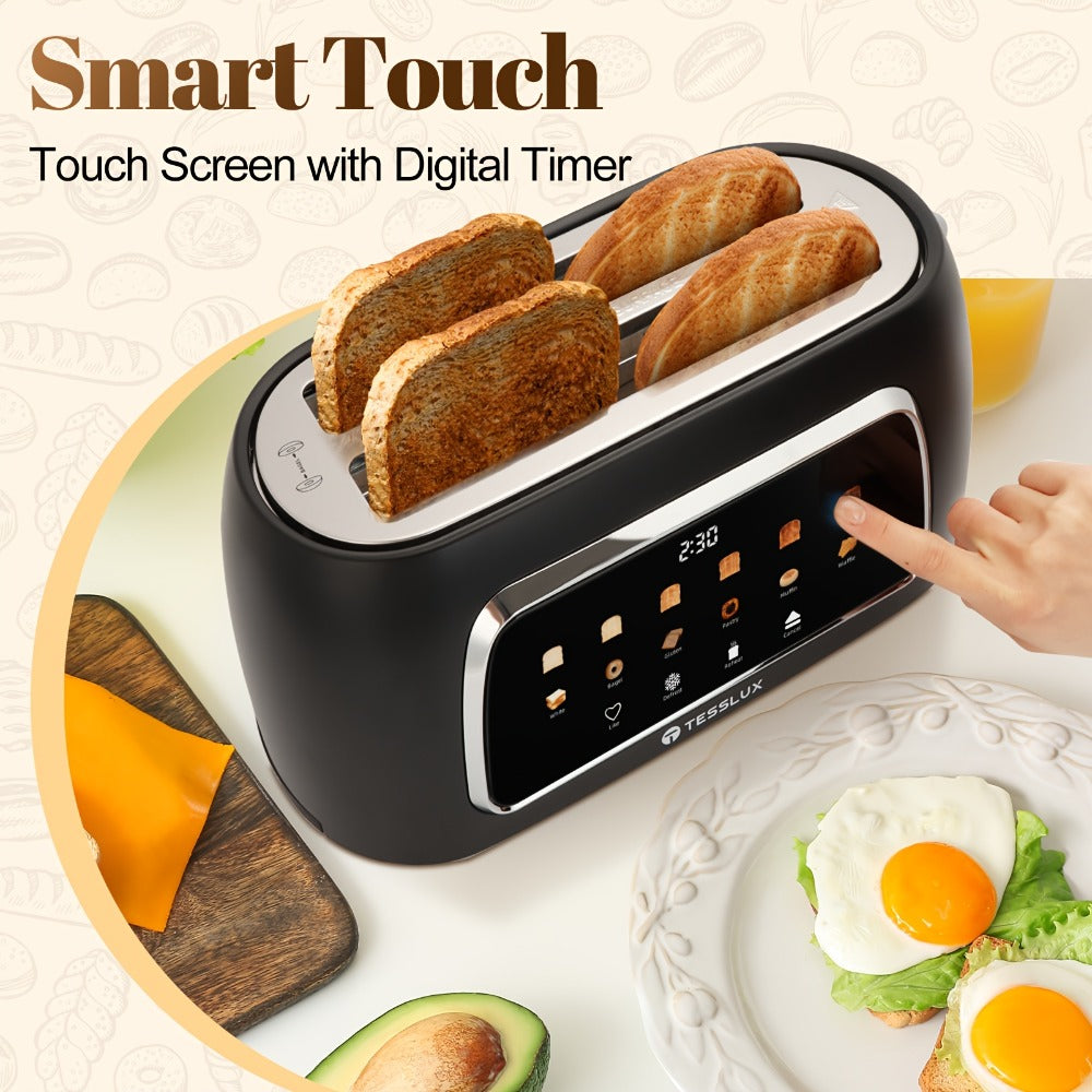 4 Slice Toaster with Touch Screen Control, 1.5" Wide Long Slots, 6 Browning Levels & 6 Bread Types – Digital Timer, Memory Function, Defrost & Reheat for Family Breakfast, White & Black