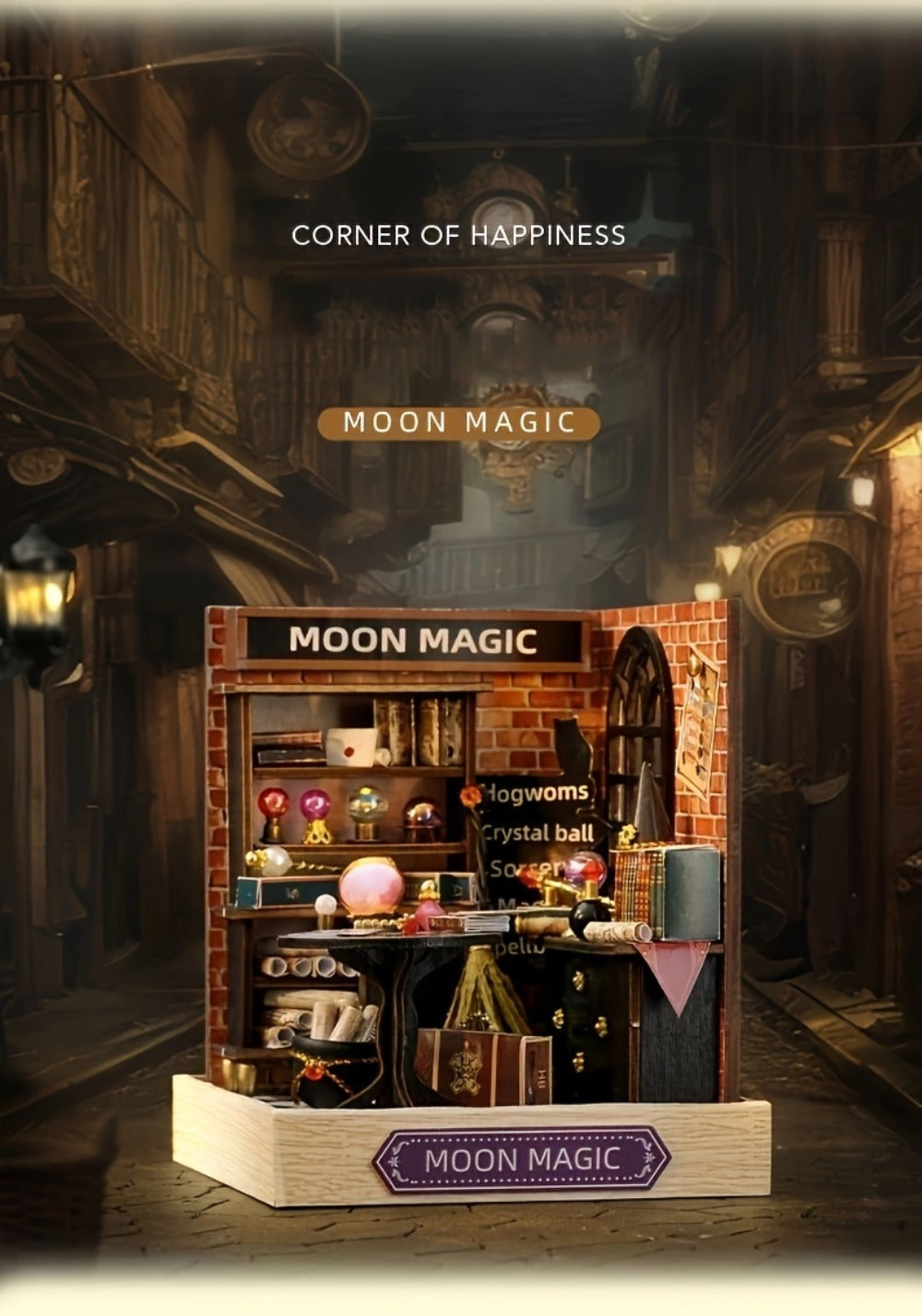 DIY Wooden Tiny House Kit with Dust Cover – Handmade Miniature Dollhouse Puzzle, 3 Themes Afternoon Tea Rotating Food House Moon Magic, Creative Home Decor Gift for Adults & Teens Birthday Christmas