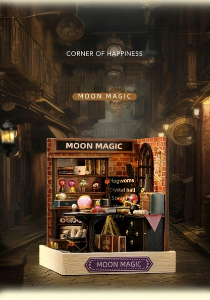 DIY Wooden Tiny House Kit with Dust Cover – Handmade Miniature Dollhouse Puzzle, 3 Themes Afternoon Tea Rotating Food House Moon Magic, Creative Home Decor Gift for Adults & Teens Birthday Christmas