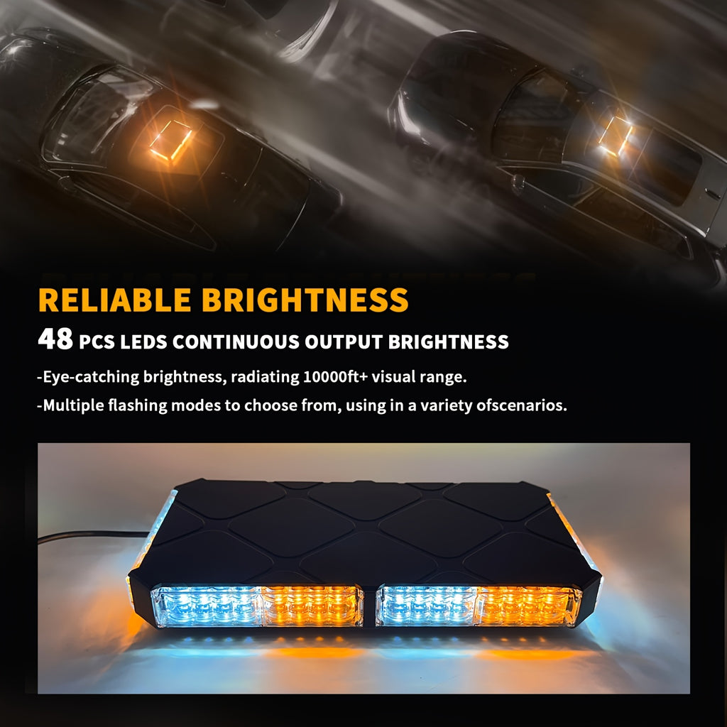 1pc 48 LED Beacon Light Bar Rooftop Safety Plow Light for Construction Vehicles Work Trucks Cars - Amber White