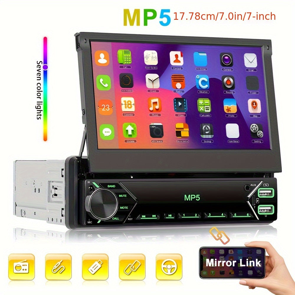 1 DIN 7-Inch HD Retractable Touch Screen Car Stereo Single Din Car MP5 Music Player with Mirror link AUX Colorful Backlight USB FM Radio Receiver