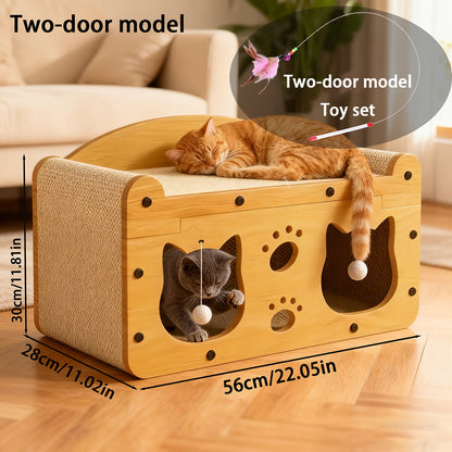 Cat Scratcher House Cardboard Cat Bed with Feather Wand Toy – Indoor Outdoor Cat Hideout for Scratching, Hiding & Resting, Ventilated Cat House with Plush Ball Toys, Multiple Sizes