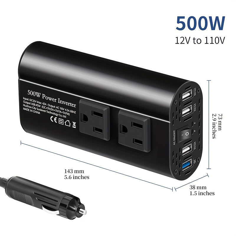 Halloween Christmas Gift, Car Power Inverter Charger Converter 500W (Peak) Power 12V Car Power Inverter, 4 USB Ports, Smart Fast Charging, Power Converter - Car Plug, Mobile Phone, US Socket