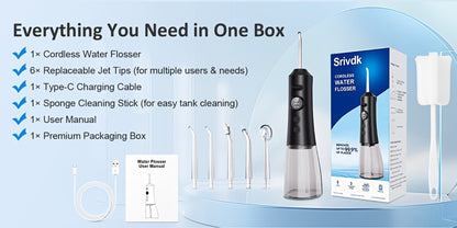 Water Flosser Cordless Oral Irrigator - Rechargeable Electric Dental Cleaner with 6 Interchangeable Nozzles, Adjustable Pressure Control, Plaque & Tartar Removal, USB Powered, Portable for Home & Travel Use