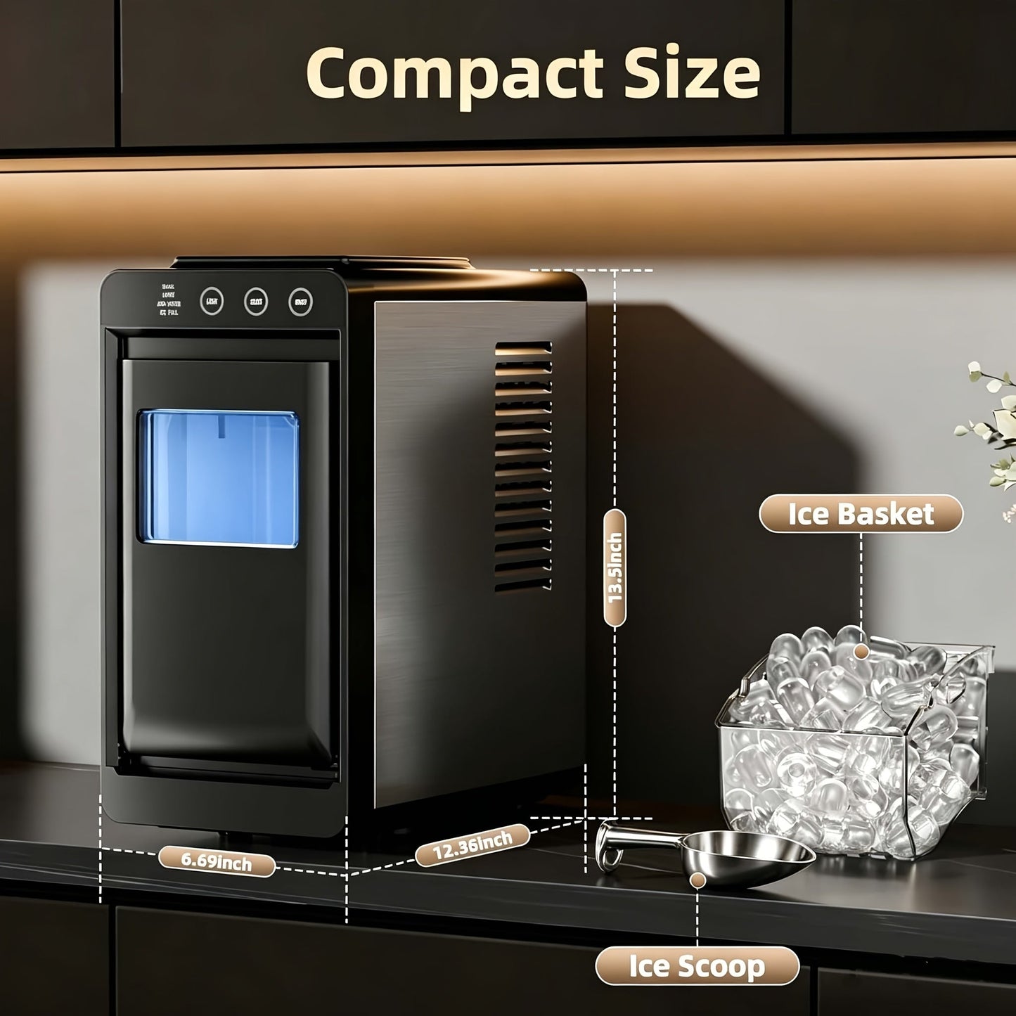 Countertop Ice Maker – 26 Lbs in 24 Hours, Selectable Ice Size, Internal Lighting, Self-Cleaning Portable Ice Machine with Basket & Scoop, Compact Design for Home, Kitchen & Office Use