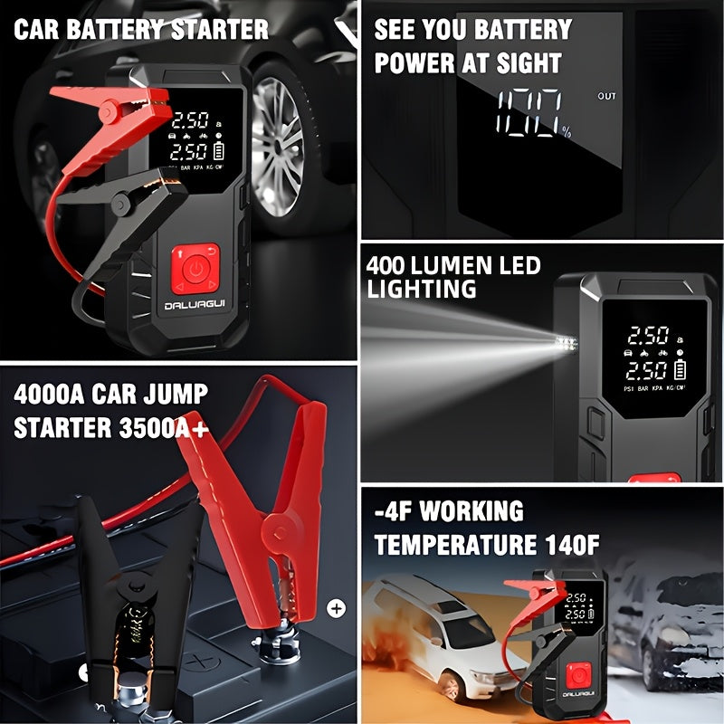 9-in-1 Car Jump Starter with Air Compressor, 150PSI Portable Digital Tire Inflator & Vehicle Battery Charger, for 2.38Gal Gas/2.64Gal Diesel Engines, Built-in LED Emergency Light, Compact High-performance Auto Accessory for Outdoor Adventures