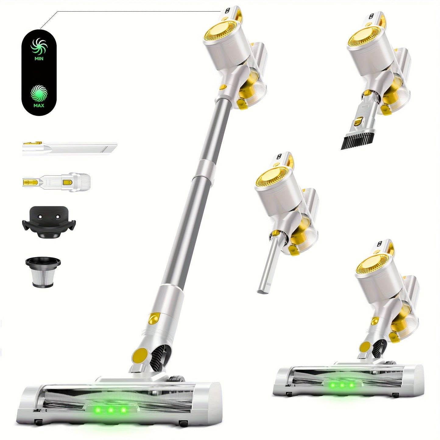 Anti-Tangle LED Vacuum Cleaner 55-69Kpa Corded & Cordless with Green LED Brush, Removable Battery & Multiple Suction Levels - Up to 45 Min Runtime for Carpets, Pet Hair & Hardwood Floors, 7 Colors
