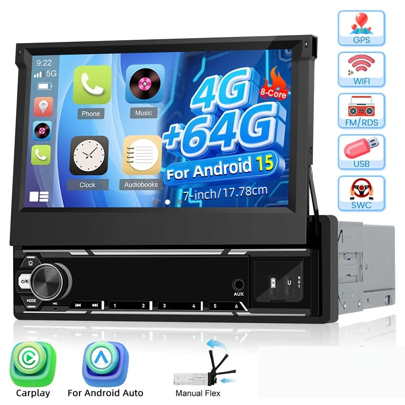 Podofo Wireless Carplayer Single Din Car Stereo 7 Inch HD Flip Out Touchscreen with Wireless Car Player Android Auto, Wireless, Type-C/USB/TF/AUX, SWC, FM, Voice Control, Backup Camera