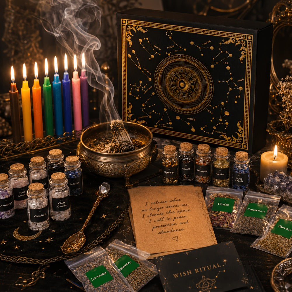 60pcs Witchcraft Supplies Kit for Beginners – Wiccan Supplies & Tools with Crystals, Candles, Witch Altar Spell Set for Rituals & Energy Cleansing, Dried Flowers, Witchy Gift Box for Women Halloween