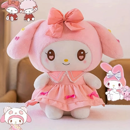 Kuromi My Melody Plush Doll Princess Dress – Soft Collectible Sanrio Stuffed Animal with Pink Bow & Ruffled Collar, Kawaii Room Decor Birthday Christmas Gift for Girls