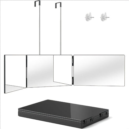 Three-Way Folding Mirror for Haircutting 360° View Anti-Fog HD Glass Height-Adjustable Telescopic Hook - Foldable Three-Sided Mirror for Self Hair Cutting Shaving Makeup Hairstyling at Home