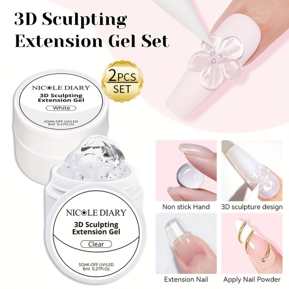 3D Sculpting Builder Gel Kit with Carving Pen — Clear & White Nail Extension Gel for Floral Nail Art, Acrylic Extensions & DIY Salon Manicure, Professional Nail Modeling Gel Set 2pcs or 3pcs for Women