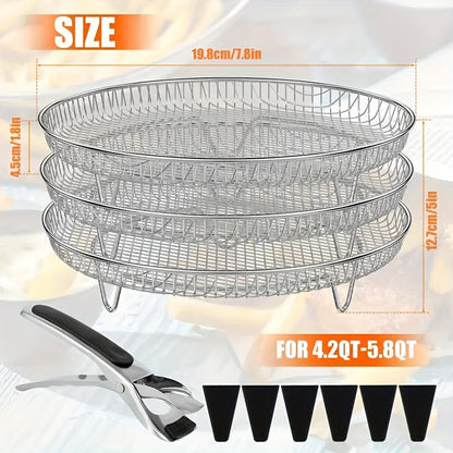 Air Fryer Rack Set – 10-Piece Stainless Steel Stackable Dehydrator Rack with Clips for 4.2QT-5.8QT Round Air Fryers, Reusable Elevated Baking Accessories, Dishwasher Safe