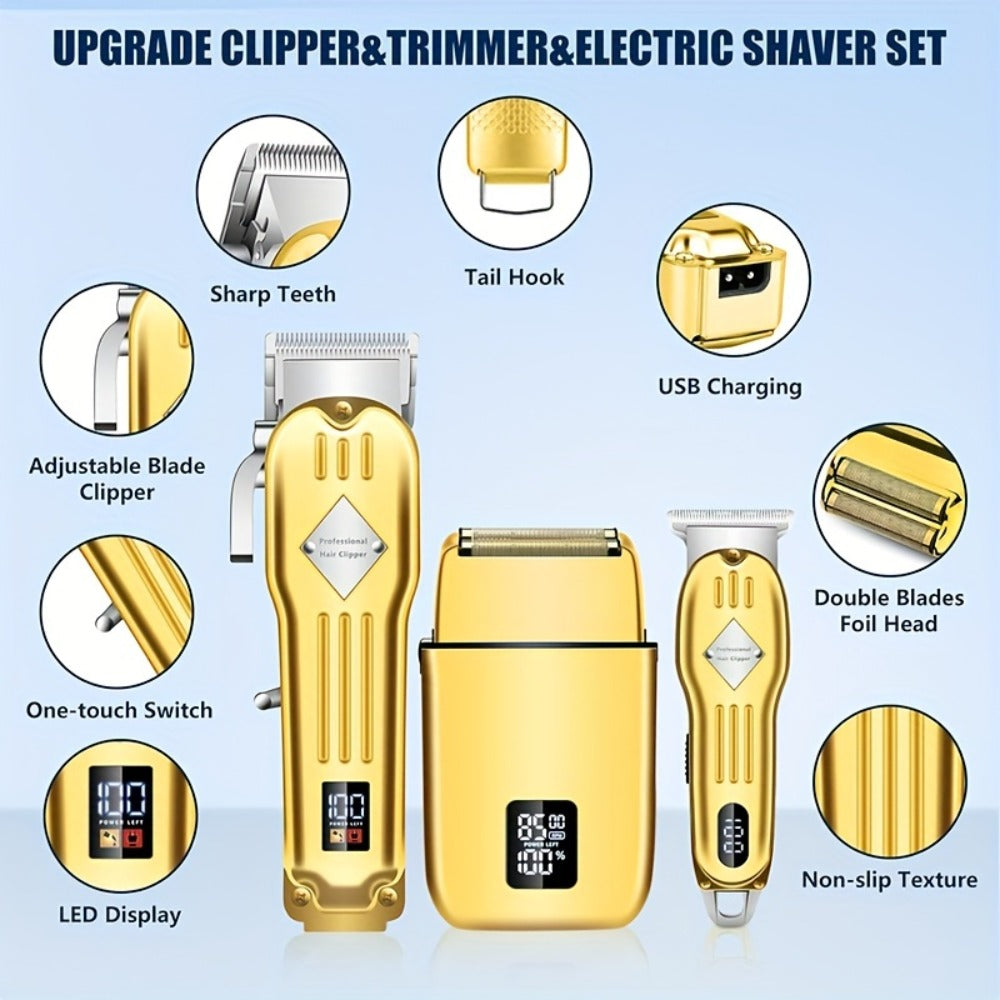 Foil Shaver Grooming Kit for Men 3-in-1 – Hair Clipper Detail Trimmer Adjustable Blades USB Rechargeable LCD Display Complete Barbershop Accessories Set Holiday Gift for Him