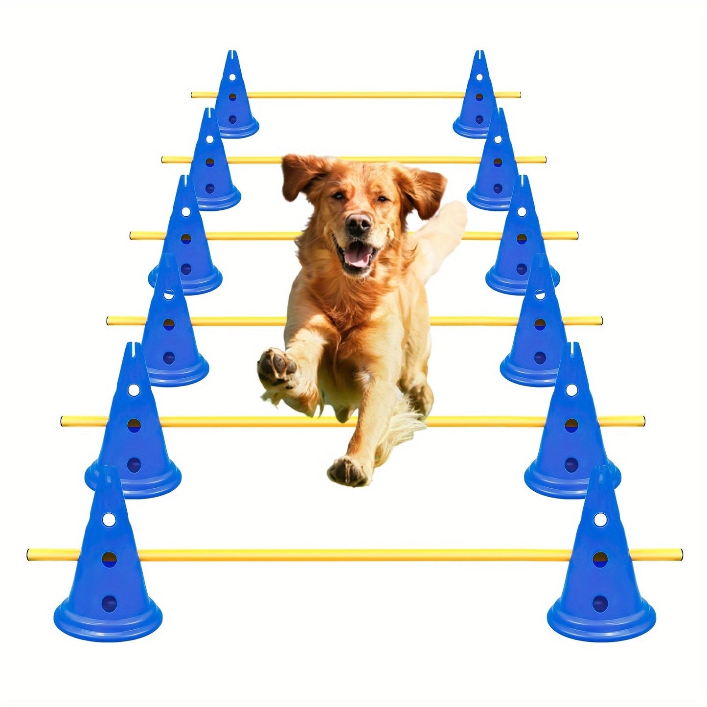 Dog Agility Training Set – Height Adjustable Hurdle Cones & Weave Poles Obstacle Course Kit with Storage Bag for Dogs of All Sizes, 18 Poles + 12 Barrels